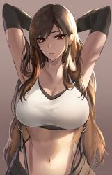 1girls armpits arms_up breast_focus breasts brown_eyes brown_hair cleavage clothed clothing female female_only final_fantasy final_fantasy_vii large_breasts light-skinned_female light_skin long_hair looking_at_viewer midriff navel smirk smirking solo solo_female solo_focus straps tifa_lockhart tommietomm very_long_hair white_top