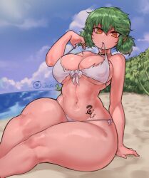 1girls bikini breasts female green_hair hikage_(senran_kagura) hips large_breasts looking_at_viewer naughty orange_eyes ourobot outdoors senran_kagura short_hair thick_thighs thighs wide_hips