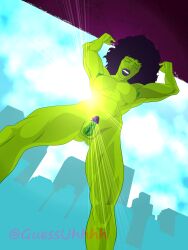 1girls artist_name big_breasts black_hair breasts curly_hair female female_only gaping_pussy green-skinned_female green_body green_nipples green_skin guessuhhhh hulk_(series) low-angle_view marvel marvel_comics muscles muscular muscular_arms muscular_female muscular_legs muscular_thighs nipples pubic_hair pussy she-hulk smile smiling smiling_at_viewer solo strong strong_woman