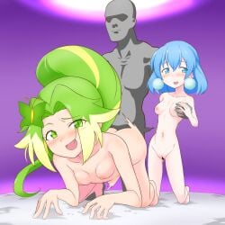 1boy 2girls absurdres blonde_hair blue_eyes blue_hair blush bouncing_breasts breasts butterfly_hair_ornament censored completely_nude doggy_style earrings ffm_threesome green_eyes green_hair groping group_sex hair_ornament hand_on_another's_hand high_ponytail highres jewelpet jewelpet_(series) jewelpet_magical_change jewelry larimer_(jewelpet) long_hair multicolored_hair multiple_girls navel nipples nude peridot_(jewelpet) pussy sanrio sega sega_toys sex shimokou0207 short_hair small_breasts stomach_bulge straight threesome two-tone_hair vaginal_penetration viewer_self-insert