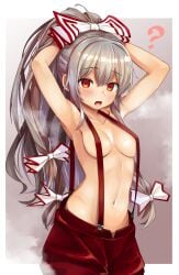 1girls ? absurdres areola_slip armpits arms_up blush bow breasts commentary_request cowboy_shot female fujiwara_no_mokou grey_background hair_bow hair_ribbon highres kushidama_minaka long_hair looking_at_viewer medium_breasts navel no_shirt pants ponytail red_eyes red_pants ribbon silver_hair simple_background solo stomach suspenders tagme touhou very_long_hair white_background