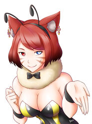 1girls bee_costume cat_ears cleavage cybernetic_eye ear_piercing final_fantasy final_fantasy_xiv heterochromia honeybee honeybee_inn_uniform livia_belmont miqo'te nekomimi red_hair rhae27 scar skimpy tagme