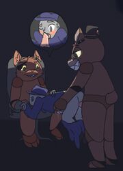 3boys anal anal_sex anthro artist_request ass bear canine clothed clothing cum erection fellatio five_nights_at_freddy's fox foxy_(fnaf) freddy_(fnaf) from_behind furry gay glowing_eyes group group_sex half-dressed human human/robot looking_down machine male male_only mammal mechanical mike_schmidt_(fnaf) night_guard_(fnaf) nude oral penetration penis robot security_guard sex spitroast straight_hair threesome video_games yaoi