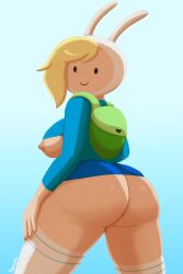 2024 :) adventure_time ass backpack black_eyes blonde_hair blue_background breasts cartoon_network female female_focus female_only fionna_the_human_girl looking_at_viewer looking_back nipples rabbit_ears shirt shirt_lift thick_thighs thighhighs thighs yenvudu