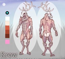 animal_genitalia animal_penis anthro antlers ass balls bone brown_body brown_fur deer digital_media_(artwork) fur genitals hooves horn humanoid lavilovi male mammal model_sheet monster nipples nude penis sheath skull skull_head solo standing tail