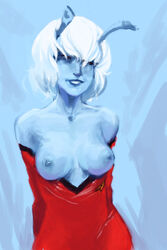 alien andorian_(species) antennae_(anatomy) areolae blue_skin breasts breasts_out collarbone et_cetera female humanoid nipples red_shirt simple_background solo star_trek star_trek_the_original_series starfleet_insignia starfleet_uniform unknown_character white_hair