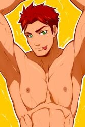 beefcake dc_comics green_eyes hand_up kid_flash male male_only muscular_male naked no_visible_genitalia red_hair sweaty wally_west young_justice young_justice_(cartoon)