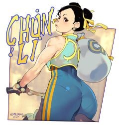 1girls ass bicycle black_eyes black_hair capcom chun-li female female_only hi_res looking_at_viewer looking_back looking_back_at_viewer norasuko solo street_fighter street_fighter_alpha text twin_buns