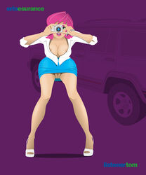 1girls camra erin_esurance esurance exposed_pussy female female_focus female_only listenertom mascot pink_hair solo vehicle