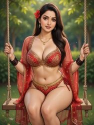 ai_generated bangle belly_button bindi black_hair blurry_background cleavage earrings elegant eyelashes female grok hair_over_shoulder indian indian_clothes indian_female medium_breasts midriff nature_background necklace outdoor_background realistic red_clothing revealing_clothes rgomez007 saree sari sitting sitting_on_swing smiling_at_viewer solo_female thick_outline thick_thighs traditional_clothes warm_lighting
