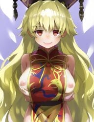 aura bare_shoulders blonde_hair blush breasts female hat headwear junko_(touhou) light-skinned_female light_skin long_hair mature_female milf naked_tabard nipples piyodesu red_eyes smile solo source_request tabard touhou