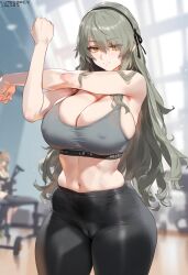 1girls ai_generated bare_arms bare_shoulders big_breasts breasts_bigger_than_head clothed clothing color darkmagic_ai female female_focus female_only girls'_frontline grey_hair gym gym_clothes gym_uniform hi_res large_breasts light-skinned_female light_skin long_hair looking_at_viewer nipples_visible_through_clothing pussy_visible_through_clothes solo solo_female tagme thick_thighs ump40_(girls_frontline) yellow_eyes