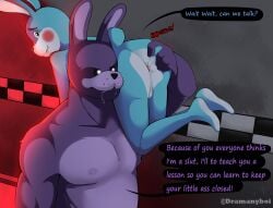 2boys absurd_res anthro anus ass balls bodily_fluids bonnie_(fnaf) butt_grab canid canine canis carrying_another dramanyboi drooling duo english_text five_nights_at_freddy's five_nights_at_freddy's_2 gay genitals hand_on_butt hi_res male male/male mammal nipples saliva scottgames text toy_bonnie_(fnaf)