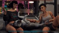 1animal 2girls 3d black_hair blue_eyes brown_eyes busty canine canine_genitalia canine_penis cleavage couch cyberpunk_2077 daz_studio domestic_dog driigon evelyn_parker fit_female handjob human husky judy_alvarez knot living_room mature mature_female pajamas short_hair smoking tattoo two_tone_hair video_games zoophilia