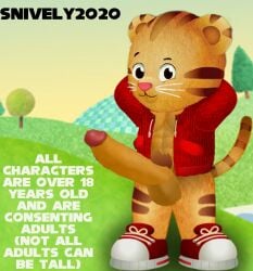 1male 2020s 2025 abs accurate_art_style adult adult_male aged_up arms_behind_head big_penis daniel_tiger's_neighborhood daniel_tiger_(character) looking_at_viewer male male_only non-human non-human_only outdoors outside pbskids penis penis_out pubic_hair pubic_tuft read_the_tags_assholes snively2020 tail tiger toony