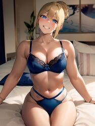 1girls ai_generated ai_mirror bed bedroom belly_button blonde_hair blue_eyes blue_lingerie blush bracelets curtains female female_only lingerie looking_at_viewer picture_on_wall pillows plant short_hair sitting small_breasts smile solo thick_thighs tied_hair white_skin