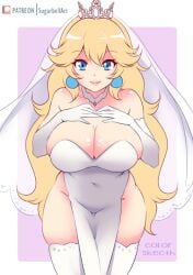 1girls blonde_hair blue_eyes breasts bride choker dress earrings elbow_gloves gloves large_breasts long_hair looking_at_viewer mario_(series) nintendo princess_peach sugarbell thighhighs tiara veil wedding_dress white_dress