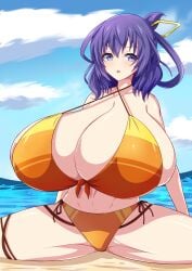 1girls bangs beach bikini blue_eyes blue_hair cleavage cloud eiyuu_densetsu eyebrows_visible_through_hair female front-tie_bikini gigantic_breasts hair_bun hair_ornament light-skinned_female light_skin light_xion medium_hair open_mouth outside rixia_mao sand sky solo splits spread_legs thick_thighs thigh_strap water zero_no_kiseki