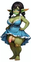 1futa ai_generated balls barefoot big_breasts black_hair blue_dress blue_eyes chubby cleavage dress dress_lift flaccid flaccid_futa futa_only futanari goblin goblin_futanari goblinenthusiast going_commando green_skin penis pigtails pink_glans pointy_ears self_upload shortstack smile solo solo_futa thick_thighs