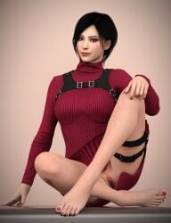 2023 3d 3d_(artwork) ada_wong booleanvalue clothing cute dark_room dress feet female_focus female_only flashing_pussy gun legs makeup modeling no_panties on_table pose posing pussy_peek red_dress red_nails red_toenails resident_evil short_hair smile table