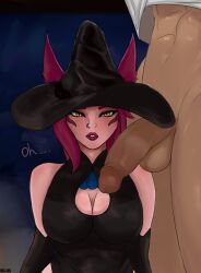 1boy 1boy1girl 1girls animal_ears balls black_clothing black_dress black_hat blik_(artist) breasts dark-skinned_male dark_skin dick dress english_text female fluffy fluffy_ears fog forest ghost girl halloween holidays league_of_legends light-skinned_female light_skin lips long_gloves male male/female penis pierced_lip pierced_nose piercing piercings pink_hair pumpkin rakan riot_games stockings surprised trick_or_treat vastaya vein veiny_penis white_body white_clothing white_skin wide_hips witch witch_hat xayah yellow_eyes