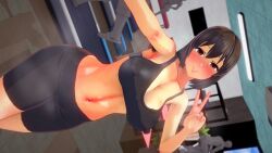 armpit_hair armpits black_clothing fitness gym gym_clothes koikatsu peace_sign renko_usami selfie smiling sweating touhou voluptuous