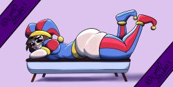 2023 2d 2d_(artwork) 2d_artwork artist_request ass breasts brown_hair female glitch_productions gloves gooseworx huge_ass huge_thighs jester jester_cap jester_costume jester_girl jester_hat jester_outfit looking_at_viewer lying lying_on_couch medium_breasts nervous_smile pomni pomni_(the_amazing_digital_circus) short_hair the_amazing_digital_circus thick_thighs white_body