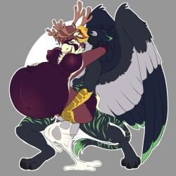 anthro antlers avian balls belly big_balls big_wings bloated bodily_fluids breasts carrying_another carrying_partner cum cum_inside deer duo enjoying excessive_cum excessive_genital_fluids female from_behind_position genital_fluids genitals gryphon hand_on_stomach hi_res horn inflation inflation knottytracker male male/female mammal mythological_avian mythology new_world_deer nipples reindeer sex wings