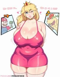 1girls 2023 2boys 2d big_breasts blonde_female blonde_hair blue_eyes bowser breasts choker cleavage clothed clothing color crown dialogue earrings english_text erect_nipples erect_nipples_under_clothes eyebrows_visible_through_hair female female_focus foxicube heart heart-shaped_pupils holding_money hoop_earrings human large_breasts light-skinned_female light_skin lipstick makeup male mario mario_(series) money multiple_boys navel nintendo nipple_bulge nipples_visible_through_clothing one_eye_closed pink_clothing pink_lipstick princess princess_peach simple_background skindentation smile standing text thick_thighs thighhighs thighs tight_clothing white_background wide_hips zettai_ryouiki