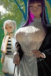 2girls breast_envy elf envy female female_only fern_(sousou_no_frieren) frieren human jealous multiple_girls purple_hair solo_focus sousou_no_frieren tagme white_hair zumi