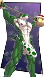 3_fingers abs anthro bodily_fluids exercise fingers genitals hi_res iudicium86 low-angle_view male mario_(series) muscular nintendo nipples penis shell solo stretched_clothing sweat vein veiny_penis weightlifting workout yoshi