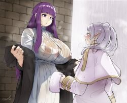 2girls bangs big_breasts breast_envy breasts busty elf_ears female female_only fern_(sousou_no_frieren) frieren huge_breasts knife_ears large_breasts multiple_girls nipples nipples_visible_through_clothing no_bra purple_eyes purple_hair puzenketsu see see-through see-through_clothing sharp_ears sousou_no_frieren tagme taller_girl towel wet_clothes white_hair