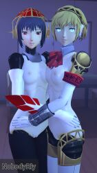 2girls 3d aegis_(persona) aigis_(persona) areolae black_hair blonde_hair blue_eyes breasts embarrassed female hand_on_hip headgear looking_at_viewer metis_(persona) naked nipples nobodyrly_(artist) nude persona persona_3 pov red_eyes ribbon_tie robot_girl smile