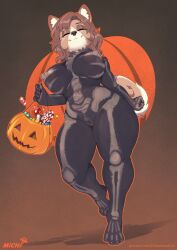 anthro big_breasts bodypaint breasts brown_hair canid canine canis closed_eyes domestic_dog female galacticmichi genitals hair halloween hi_res holidays llmixll mammal nipples pussy smile solo thick_thighs