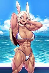 1girls abs armpits artist_signature biceps breasts bunny_girl collarbone cowboy_shot hands_behind_head huge_breasts miruko muscular muscular_arms muscular_female muscular_thighs my_hero_academia navel open_mouth rabbit rabbit_ears red_eyes rumi_usagiyama serratus_anterior solo sparkeyjinjin swimsuit thick_thighs white_hair