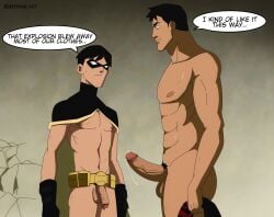 abs batman_(series) caucasian caucasian_male conner_kent cum dc dc_comics dick_grayson ef_drawings kon-el male male_only muscles muscular muscular_male naked precum public public_nudity robin_(dc) robin_(dick_grayson) robin_(young_justice) superboy superboy_(conner_kent) superman_(series) sweat sweaty_body talking teen_boy text yaoi young_justice