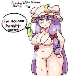 1girls big_breasts bikini blush chubby chubby_female dialogue dildo english_text female female_only notnoe_(dxcl) patchouli_knowledge purple_hair solo solo_female solo_focus sweat sweatdrop sweating sweaty sweaty_body thick touhou tummy