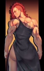 1girls absurd_res ass az_ciam backless_dress backless_outfit commission dress earrings frown hi_res long_hair looking_back matching_hair/eyes muscular muscular_back muscular_female no_panties nose_piercing original red_eyes red_hair shaved_head solo