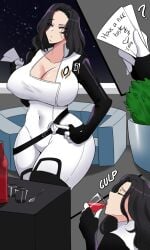 ass ass_expansion black_hair breast_expansion breasts curvy_female drinking guabeyo jumpsuit mass_effect miranda_lawson note nyabeyo wine wine_bottle