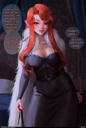 1girls 2023 ambiguous_pov big_breasts breasts castlevania castlevania_(netflix) cleavage cleavage_cutout clothed clothed_female coat comic comic_page cute cute_fang dialogue dress fangs female female_focus female_only femdom fur jewelry leash leashed_pov lenore_(castlevania) long_ears long_hair looking_at_viewer luminyu male_(lore) male_pov medium_breasts necklace orange_hair page_1 pointy_ears pov red_eyes red_hair smile smiling solo solo_female solo_focus speech_bubble submissive_pov vampire vampire_girl very_long_hair