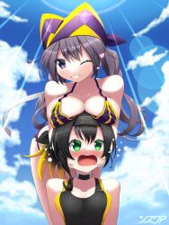 2girls beach duel_monster i:p_masquerena s-force_rappa_chiyomaru swimsuit yu-gi-oh!