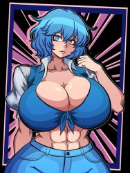 1girls abs acraeaaconite big_breasts blue_hair breasts cleavage clothed_female detailed_background heterochromia huge_breasts kogasa_tatara light-skinned_female pants solo solo_female touhou