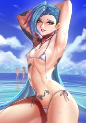 1girls 2023 arms_behind_head badcompzero bikini bikini_top_undone blue_hair blush female female_only flat_chest hi_res jinx_(league_of_legends) league_of_legends long_hair looking_at_viewer purple_eyes riot_games sea smiling smiling_at_viewer solo tattoo tattooed_arm tattoos thick_thighs