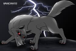 animal_genitalia balls canid canine canis death_(puss_in_boots) electricity feral fully_sheathed genitals grin hi_res lightning looking_at_viewer male mammal puss_in_boots_(dreamworks) puss_in_boots_the_last_wish raised_tail red_eyes sheath smile solo tail vancanto wolf