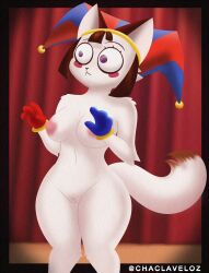 2023 2d 2d_(artwork) 2d_artwork absurd_res anthro breasts brown_hair chaclaveloz clothing domestic_cat felid feline felis female genitals glitch_productions gloves gooseworx hair handwear hi_res jester jester_cap jester_costume jester_girl jester_hat jester_outfit mammal multicolored_eyes nipples nude pink_nipples pomni pomni_(the_amazing_digital_circus) pussy raised_tail scenery short_hair solo tail tan_body the_amazing_digital_circus thick_thighs white_body wide_hips