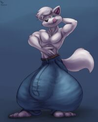 2017 anthro arctic_fox artie balls_outline barefoot belt big_bulge big_feet bottomwear bulge canid canine clothed clothing denim denim_clothing digital_media_(artwork) feet fox fur genital_outline hair hi_res huge_bulge hyper hyper_bulge jeans licking licking_lips male mammal oinuttah pants paws penis_outline seductive simple_background solo tail toes tongue tongue_out topless white_body white_fur