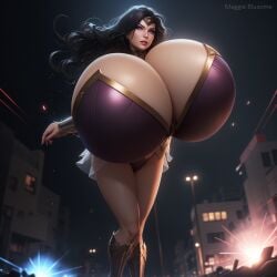 ai_generated black_hair breast_focus breasts breasts_bigger_than_head breasts_bigger_than_torso city clothed clothed_breasts deep_cleavage enormous_breasts female gigantic_breasts human hyper hyper_breasts light-skinned_female light_skin long_hair maggie_bluxome_(artist) night purple_eyes stable_diffusion superhero superhero_costume superheroine tiara top_heavy upper_body violet_eyes