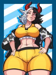 1girls abs acraeaaconite big_breasts black_hair blue_background breasts cleavage clothed_female cow_ears cow_girl detailed_background light-skinned_female mature_female milf multicolored_hair red_eyes red_horns solo solo_female thick_thighs thighs touhou urumi_ushizaki white_hair