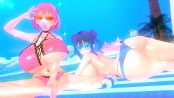 2girls adjusting_eyewear adjusting_glasses adjusting_sunglasses alternate_breast_size bikini blue-tinted_eyewear demon_girl duel_monster evil_twin_ki-sikil evil_twin_lil-la female female_only ki-sikil_(yu-gi-oh!) koikatsu lil-la_(yu-gi-oh!) multiple_girls pool red-tinted_eyewear sunglasses tinted_eyewear yu-gi-oh!