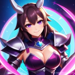 ai_generated armor armored_female armored_gloves big_breasts black_hair gem_necklace happy horns original original_character purple_eyes smile smiling_at_viewer stable_diffusion tagme